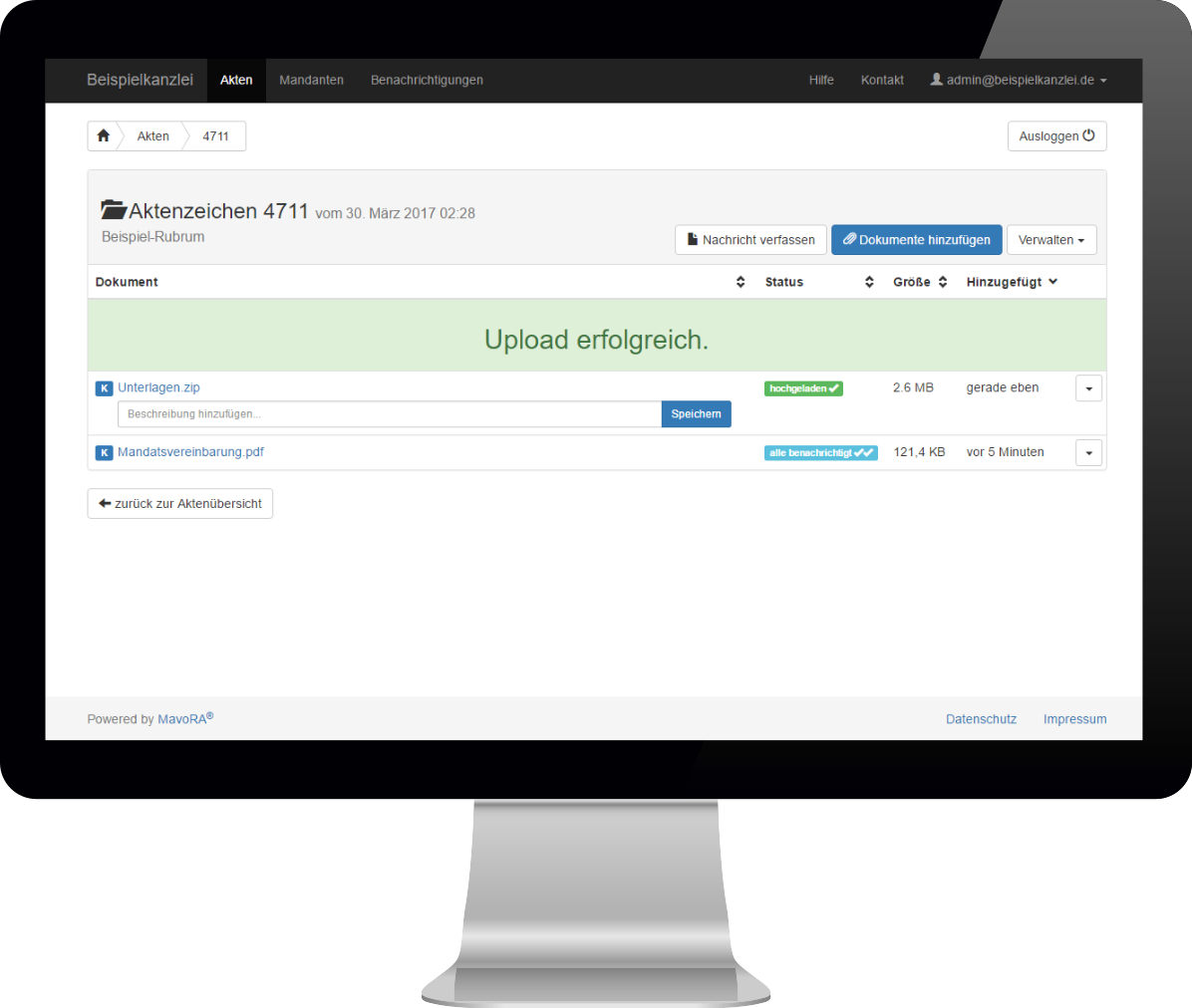 Screenshot der Aktenansicht nach erfolgtem Dokumentupload